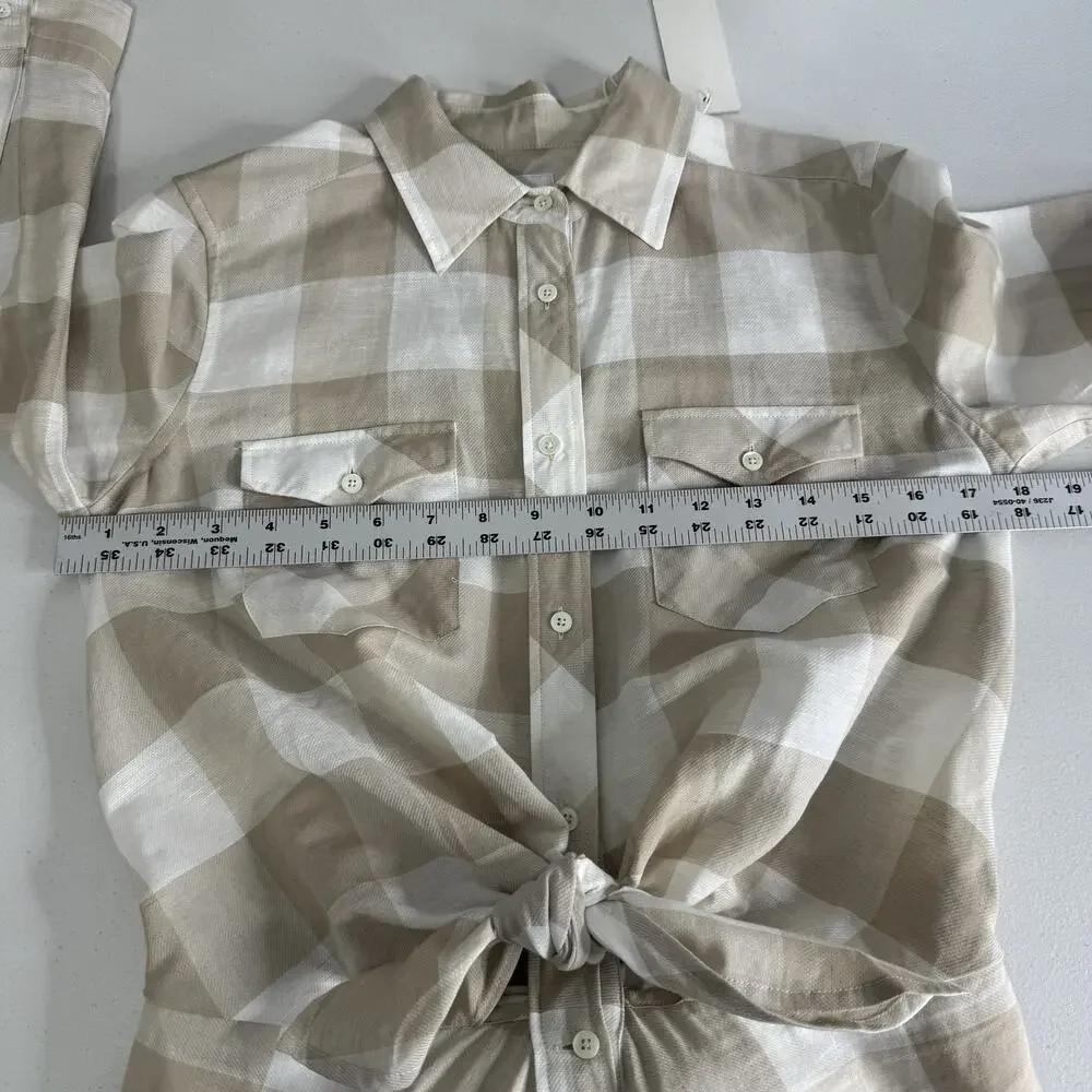 Sara Roka Drake Belted Dress‎ Womens 40 Beige Linen Gingham Shirt Midi Cottage